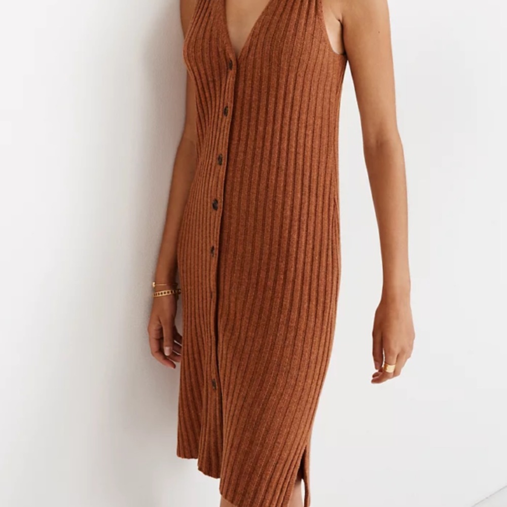 Madewell Midi Button Front Tank Sweater Dress Orange Ribbed Wool Pencil  XXS